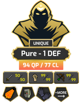 Pure - 1 DEF | TTL: 1059 | CL: 77 | QP: 94 [Fire Cape, Ava's, Max POH, MM1, Mithril Gloves, MA1 & MA2, DT1 + MORE!]