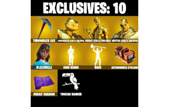 UNIQUE - Midas (Fully Golden) , Sing Along  [29 Skins, 200 Vbucks, 48 Axes, 38 Emotes, 44 Gliders and MORE!]