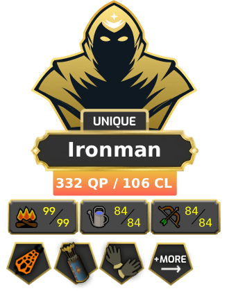 Ironman | Main | TTL: 1936 | CL: 106 | QP: 332 [Infernal, Dizana's Quiver, B Gloves, Ava's, Quest Cape, MM2, MM1 + MORE!]