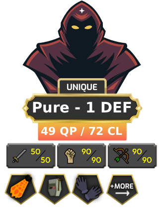 Pure - 1 DEF | TTL: 821 | CL: 72 | QP: 49 [Fire Cape, Ava's, Mithril Gloves, DT1 + MORE!]