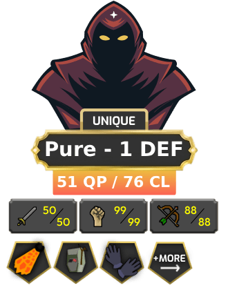 Pure - 1 DEF | TTL: 939 | CL: 76 | QP: 51 [Fire Cape, Ava's, Mithril Gloves, MA1 & MA2, DT1, 99 MAGE, 99 STR, God Book + MORE!]