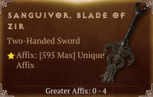 Sanguivor, Blade of Zir [ ⭐️ Affix: MAX ROLL] Reckoning SC