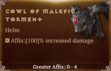 Cowl of Malefic Torment [ ⭐️ Affix: MAX ROLL] Reckoning SC