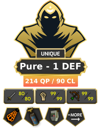 Pure - 1 DEF | TTL: 1781 | CL: 90 | QP: 214 [Infernal, Dizana's Quiver, Ava's, Max POH, MM1, Mithril Gloves + MORE!]