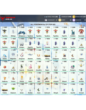 Legendary: 17 | Shiny: 19 | ShinyLegend: 1 [Level: 44 | Stardust: 370.2k | Team: Valor]