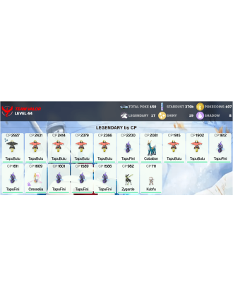 Legendary: 17 | Shiny: 19 | ShinyLegend: 1 [Level: 44 | Stardust: 370.2k | Team: Valor]