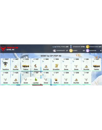 Legendary: 17 | Shiny: 19 | ShinyLegend: 1 [Level: 44 | Stardust: 370.2k | Team: Valor]
