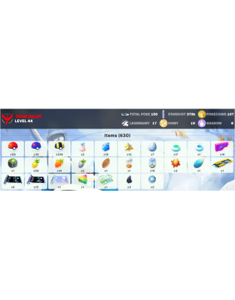 Legendary: 17 | Shiny: 19 | ShinyLegend: 1 [Level: 44 | Stardust: 370.2k | Team: Valor]