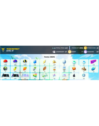 Legendary: 17 | Shiny: 7 | ShinyLegend: 1 [Level: 47 | Stardust: 260.6k | Team: Instinct]