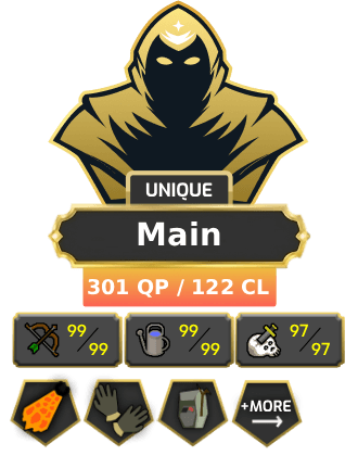 Main | TTL: 2134 | CL: 122 | QP: 301 [Fire Cape, B Gloves, Rigour, Augury, Ava's, Max POH, MM2, MM1, DS2, Void, DT2 + MORE!]