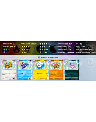 2 crown (Arceus ex, Mantyke) | Total Shiny 13 | 3 stars cards: 6 [2386 ENG cards | Days: 200+ | Shinedust: 142450]