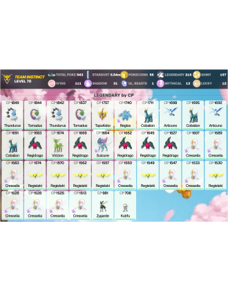 Legendary: 216 | Shiny: 197 | Hundo: 111 | ShinyLegend: 9 [Level: 70 | Stardust: 6.54m | Team: Instinct]