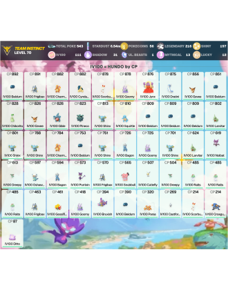 Legendary: 216 | Shiny: 197 | Hundo: 111 | ShinyLegend: 9 [Level: 70 | Stardust: 6.54m | Team: Instinct]