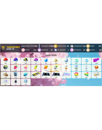 Legendary: 216 | Shiny: 197 | Hundo: 111 | ShinyLegend: 9 [Level: 70 | Stardust: 6.54m | Team: Instinct]