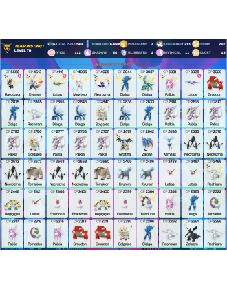 Legendary: 211 | Shiny: 207 | Hundo: 112 | ShinyLegend: 12 [Level: 70 | Stardust: 6.46m | Team: Instinct]