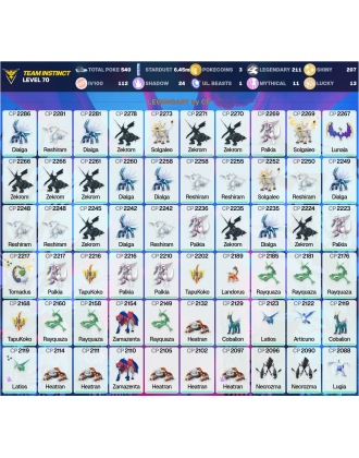 Legendary: 211 | Shiny: 207 | Hundo: 112 | ShinyLegend: 12 [Level: 70 | Stardust: 6.46m | Team: Instinct]