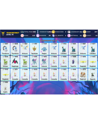 Legendary: 211 | Shiny: 207 | Hundo: 112 | ShinyLegend: 12 [Level: 70 | Stardust: 6.46m | Team: Instinct]