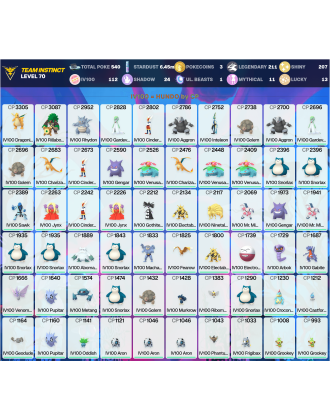 Legendary: 211 | Shiny: 207 | Hundo: 112 | ShinyLegend: 12 [Level: 70 | Stardust: 6.46m | Team: Instinct]