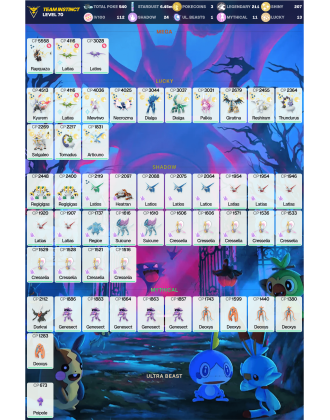 Legendary: 211 | Shiny: 207 | Hundo: 112 | ShinyLegend: 12 [Level: 70 | Stardust: 6.46m | Team: Instinct]