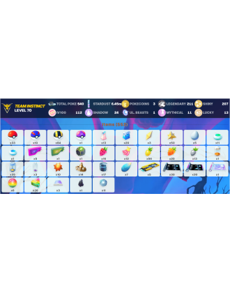 Legendary: 211 | Shiny: 207 | Hundo: 112 | ShinyLegend: 12 [Level: 70 | Stardust: 6.46m | Team: Instinct]