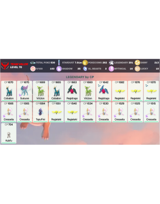 Legendary: 201 | Shiny: 213 | Hundo: 103 | ShinyLegend: 13 [Level: 70 | Stardust: 7.02m | Team: Valor]