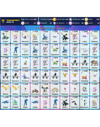 Legendary: 188 | Shiny: 216 | Hundo: 13 | ShinyLegend: 9 [Level: 70 | Stardust: 6.48m | Team: Instinct]