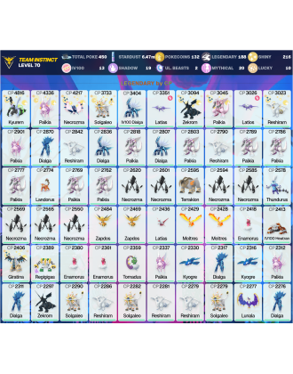 Legendary: 188 | Shiny: 216 | Hundo: 13 | ShinyLegend: 9 [Level: 70 | Stardust: 6.48m | Team: Instinct]