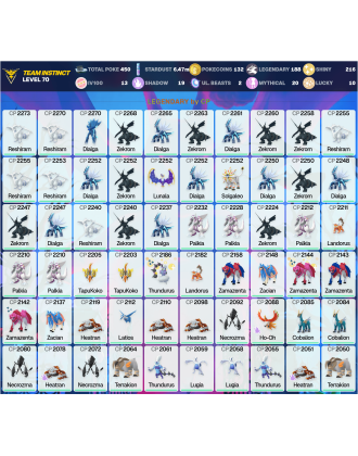 Legendary: 188 | Shiny: 216 | Hundo: 13 | ShinyLegend: 9 [Level: 70 | Stardust: 6.48m | Team: Instinct]