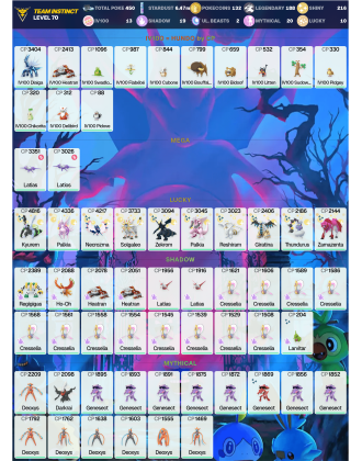 Legendary: 188 | Shiny: 216 | Hundo: 13 | ShinyLegend: 9 [Level: 70 | Stardust: 6.48m | Team: Instinct]