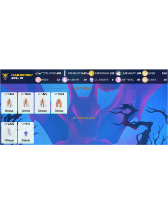 Legendary: 188 | Shiny: 216 | Hundo: 13 | ShinyLegend: 9 [Level: 70 | Stardust: 6.48m | Team: Instinct]