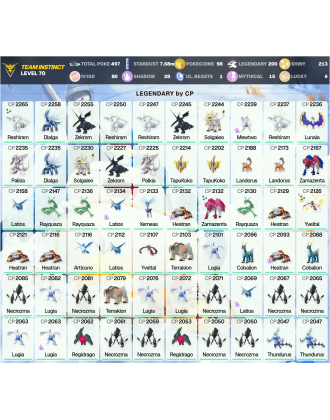 Legendary: 200 | Shiny: 213 | Hundo: 80 | ShinyLegend: 11 [Level: 70 | Stardust: 7.68m | Team: Instinct]