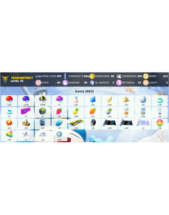 Legendary: 200 | Shiny: 213 | Hundo: 80 | ShinyLegend: 11 [Level: 70 | Stardust: 7.68m | Team: Instinct]