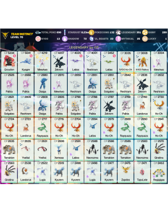 Legendary: 351 | Shiny: 289 | Hundo: 13 | ShinyLegend: 13 [Level: 70 | Stardust: 8.23m | Team: Instinct]