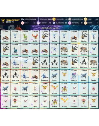 Legendary: 351 | Shiny: 289 | Hundo: 13 | ShinyLegend: 13 [Level: 70 | Stardust: 8.23m | Team: Instinct]