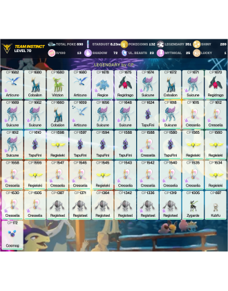 Legendary: 351 | Shiny: 289 | Hundo: 13 | ShinyLegend: 13 [Level: 70 | Stardust: 8.23m | Team: Instinct]