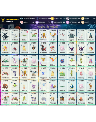 Legendary: 351 | Shiny: 289 | Hundo: 13 | ShinyLegend: 13 [Level: 70 | Stardust: 8.23m | Team: Instinct]