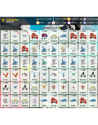 Legendary: 201 | Shiny: 200 | Hundo: 112 | ShinyLegend: 8 [Level: 60 | Stardust: 3.06m | Team: Instinct]