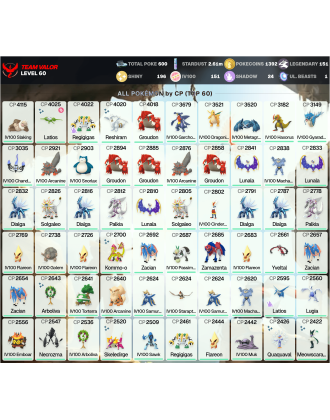 Legendary: 151 | Shiny: 196 | Hundo: 151 | ShinyLegend: 6 [Level: 60 | Stardust: 2.62m | Team: Valor]