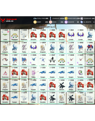 Legendary: 151 | Shiny: 196 | Hundo: 151 | ShinyLegend: 6 [Level: 60 | Stardust: 2.62m | Team: Valor]