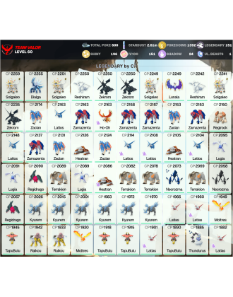 Legendary: 151 | Shiny: 196 | Hundo: 151 | ShinyLegend: 6 [Level: 60 | Stardust: 2.62m | Team: Valor]