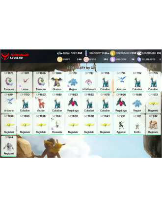 Legendary: 151 | Shiny: 196 | Hundo: 151 | ShinyLegend: 6 [Level: 60 | Stardust: 2.62m | Team: Valor]