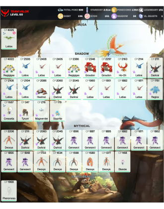 Legendary: 151 | Shiny: 196 | Hundo: 151 | ShinyLegend: 6 [Level: 60 | Stardust: 2.62m | Team: Valor]