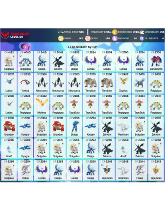 Legendary: 153 | Shiny: 167 | Hundo: 154 | ShinyLegend: 4 [Level: 60 | Stardust: 2.96m | Team: Valor]