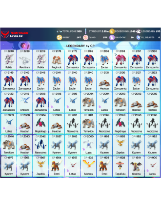 Legendary: 153 | Shiny: 167 | Hundo: 154 | ShinyLegend: 4 [Level: 60 | Stardust: 2.96m | Team: Valor]