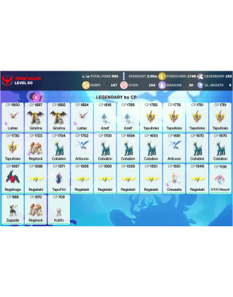 Legendary: 153 | Shiny: 167 | Hundo: 154 | ShinyLegend: 4 [Level: 60 | Stardust: 2.96m | Team: Valor]