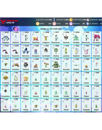 Legendary: 153 | Shiny: 167 | Hundo: 154 | ShinyLegend: 4 [Level: 60 | Stardust: 2.96m | Team: Valor]