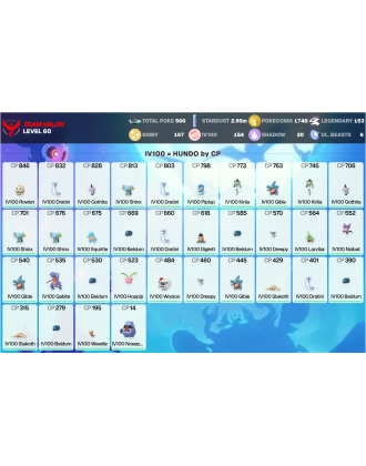 Legendary: 153 | Shiny: 167 | Hundo: 154 | ShinyLegend: 4 [Level: 60 | Stardust: 2.96m | Team: Valor]