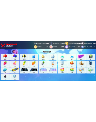 Legendary: 153 | Shiny: 167 | Hundo: 154 | ShinyLegend: 4 [Level: 60 | Stardust: 2.96m | Team: Valor]
