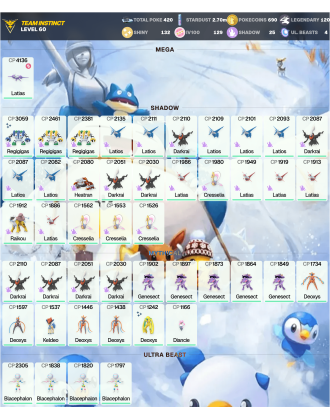 Legendary: 120 | Shiny: 132 | Hundo: 129 | ShinyLegend: 6 [Level: 60 | Stardust: 2.7m | Team: Instinct]