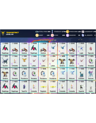 Legendary: 100 | Shiny: 104 | Hundo: 108 | ShinyLegend: 8 [Level: 60 | Stardust: 2.75m | Team: Instinct]